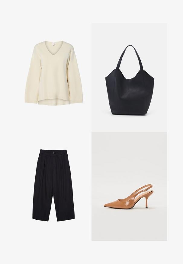 Pulover s V-izrezom kremaste barve, dolgimi rokavi, rebrastimi manšetami in sproščenim krojem. Gladka tekstura in stranski razporki na robu za udoben silhuet.; Črne poliesterske culotte hlače z elastičnim pasom, dvema sprednjima nabiranjema in ohlapnim krojem. Brez vidnih vzorcev ali kovinskih detajlov.; Slinčaste pete z ostro konico v gladkem, sijočem bež materialu. Imajo ukrivljen rez in vitko stiletto peto. Podrobnost s srebrno zaponko.; Črna torba v obliki tote iz gladke usnjene površine, ki ima ukrivljen odprt vrh z dvema naramnicama in minimalističnim dizajnom.