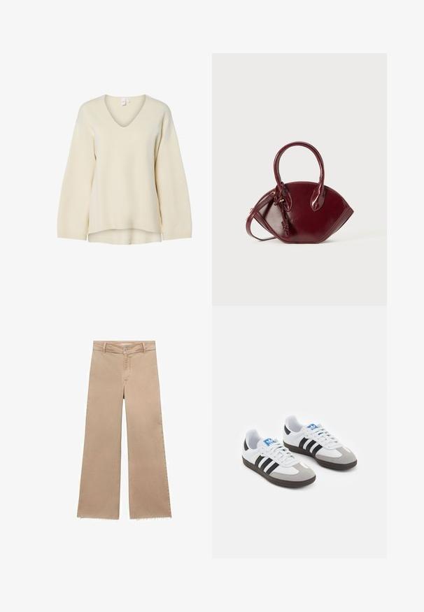 V-Ausschnitt Creme Pullover mit langen Ärmeln, gerippten Bündchen und lockerer Passform. Glatte Textur und seitliche Schlitze am Saum für eine bequeme Silhouette.; Beige Schlagjeans mit fransigem Saum, aus Baumwolle gefertigt. Mit einem Knopfverschluss und Gürtelschlaufen, bieten sie eine lockere Passform und lässigen Stil.; Sportschuhe mit einem Obermaterial aus weißem Leder, grauer Wildleder-Zehenkappe und drei schwarzen Streifen. Sie verfügen über ein blaues Logo auf der Zunge und eine strukturierte Gummisohle.; Burgunderfarbene Ledertasche mit runder Form, zwei kurzen Griffen, Reißverschluss und geknotetem Detail am Griff. Glatte Textur.