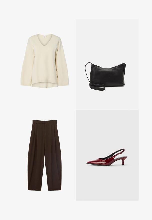 Crème V-hals trui met lange mouwen, geribbelde manchetten en een losse pasvorm. Gladde textuur en zijsplitten aan de zoom voor een comfortabele silhouette.; Bruine high-waisted broek met plooien, gemaakt van soepel materiaal. Loose fit, rechte pijpen, met riemlussen en een ritsluiting.; Bordeaux patent leren slingback hakken met een puntige neus en een slanke stilettostonk. Ontwerp met open achterkant en verstelbare enkelriem.; Zwarte leren schoudertas met een gladde textuur, gebogen vorm, verstelbare schouderband en een ritsafsluiting. Minimalistisch ontwerp zonder versieringen.