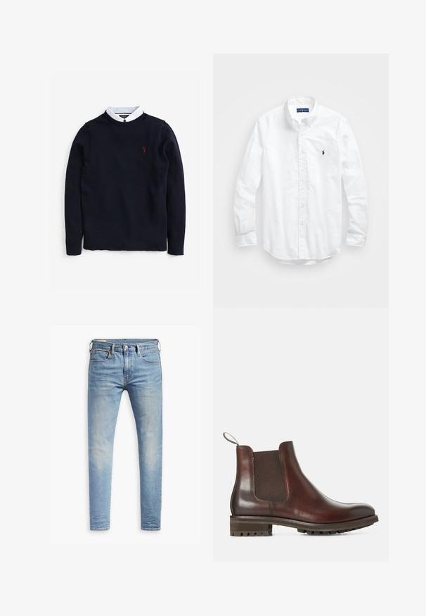 Suéter azul marino con un patrón de punto texturizado, que presenta una camisa blanca con cuello por debajo y un pequeño acento de logo rojo en el pecho.; Camisa blanca de manga larga de algodón con botones. Presenta un cuello clásico, puños con botones y un pequeño logo bordado en azul marino en el pecho.; Jeans ajustados de color azul claro con un ligero desgaste en los muslos, cierre frontal con botón, trabillas para cinturón y estilo de cinco bolsillos sobre un fondo blanco.; Botas Chelsea de cuero marrón con paneles laterales elásticos, tira de agarre y suela de goma texturizada. Acabado liso con un tacón bajo robusto.