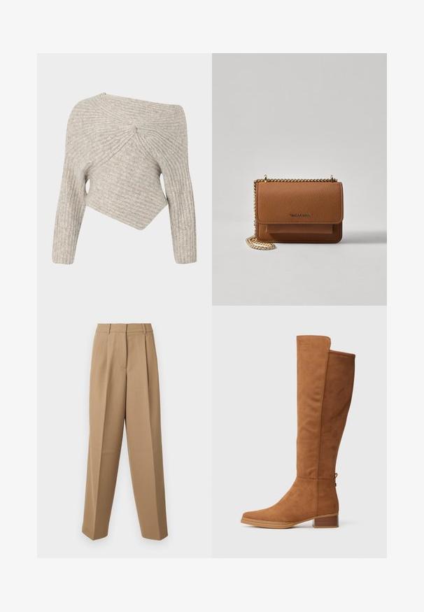 Cult Gaia LEA - Vesta - fog; Bežane krojene hlače s visokim strukom, nabranim prednjim dijelom i širokim nogavicama. Tkanina izgleda glatko s blagim sjajem.; Visoke smeđe nubuck čizme s okruglim vrhom, umjerenim blok-peta i detaljem šava uz stranu. Glatka tekstura i jednostavan dizajn.; Smeđa kožna torba preko tijela s teksturom, zlatnim lančićem i preklopom na zatvaranju. Na prednjoj strani nalazi se detalj s potpisom i džep ispod preklopa.