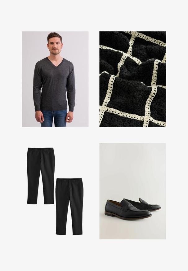 CASH-MERE V-AUSSCHNITT - Sweter; Czarny teksturowany koc z plecionym kremowym wzorem w siatkę, z wypukłymi kwiatowymi motywami i miękkim, pluszowym wykończeniem.; Czarne eleganckie spodnie o gładkiej fakturze, z prostym krojem nogawki i średnim stanem. Pokazane są dwie pary, z czego jedna jest ścięta.; Czarne skórzane loafersy z teksturowanym wykończeniem, okrągłym noskiem i ozdobnym paskiem na górze oraz niskim obcasem.