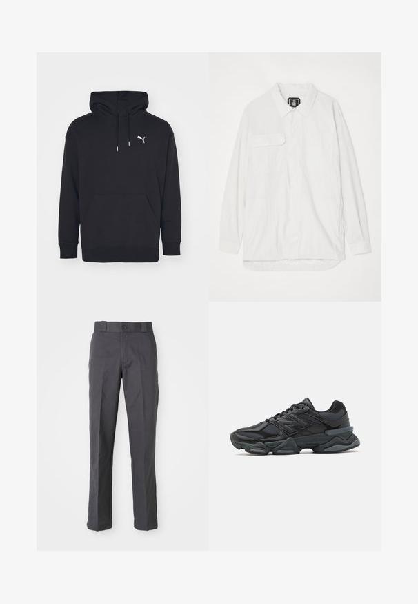 Juodas gobtuvu megztinis su kengūros kišene, reguliuojamais raišteliais ir balta Puma logotipu krūtinėje. Pagamintas iš minkštos fliso medžiagos.; Balta mygtukų marškiniai, pagaminti iš tekstūruotos medžiagos, su apykakle, dviem priekinėmis kišenėmis ir lenktu apačiu, kurioje nugara yra šiek tiek ilgesnė.; Tamsiai pilki medvilnės mišinio kelnių, su tiesiais šonais, priekinėmis kišenėmis ir mygtuku užsegimui juosmens srityje.; Juodas bėgimo batelis, pagamintas iš tinklinės ir sintetinės medžiagos, turintis stambų pado dizainą, kreivą formą ir ryškią prekės ženklą šone.