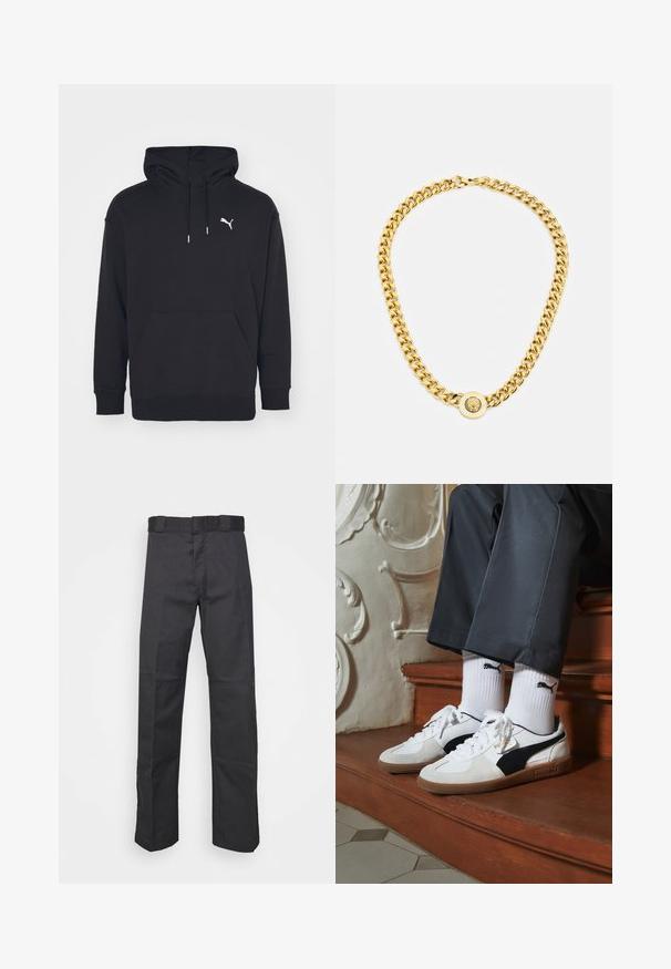 Černá mikina s kapucí, se klokankou, nastavovacími stahovacími šňůrkami a bílým logem Puma na hrudi. Vyrobena z měkkého fleece materiálu.; Černé kalhoty vyrobené z odolné látky, s rovnými nohavicemi, pasem s poutky na opasek a švy pro větší texturu.; Puma tenisky v bílé a černé semišové úpravě, s hnědou gumovou podrážkou. Kombinované s bílými ponožkami, na kterých je černé logo, nošeny s tmavými kalhotami.; Zlatý řetězový náhrdelník s velkými propletenými články, zdobený kruhovým přívěskem se zvýšeným emblémem uprostřed.