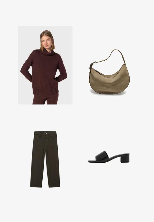Vinröd stickad tröja med hög, räfflad polokrage samt räfflad nederkant och ärmslut; har en lös passform och subtil struktur.; Mörkgröna vida jeans i bomullsblandning, med knäppning fram, fem fickor och klassisk denimstickning.; Svart läder öppen-toe slide sandal med ett brett band och en solid klack. Har en slät yta och minimalistisk design.; Brun mockaläder hobo-väska med en böjd form, en enda axelrem, dragkedjestängning och slät yta. Enkel design med minimala hårdvarudetaljer.
