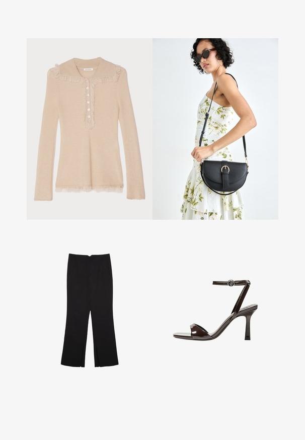 Pitkähihaista beigeä neulepuseroa, jossa on fringepeterpan-kaulus, nappilista ja fringeyksityiskohdat kauluksessa ja helman reunassa.; Mustat housut suoralinjaisella leikkauksella, joissa on etutaskut ja sivurei'ät helman alla. Valmistettu pehmeästä ja sileästä kankaasta. Sopii eri tilaisuuksiin.; Sandaalit korkean koronan ruskeasta mokkanahasta, jossa on nilkkaremmi, avonainen kärki ja tyylikäs, minimalistinen muotoilu. Varusteena neliön muotoinen korko.; Musta nahkainen käsilaukku, joka on kaareva muotoilultaan, irrotettavalla hihnalla ja kultaisilla yksityiskohdilla. Laukussa on läppä, jossa on solk yksityiskohta.