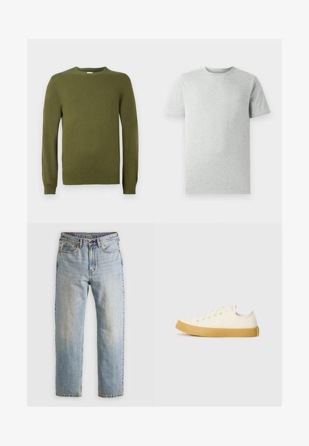Maglione a maglia verde oliva, scollatura rotonda, maniche lunghe, polsini e orlo a costine, texture liscia, materiale leggero, design casual.; Maglietta a maniche corte grigia chiara, girocollo, mostrata su uno sfondo bianco, vista frontale senza loghi o design visibili.; Camicia di flanella verde con un motivo a quadri che presenta righe blu, bianche e giallo senape. Chiusura con bottoni e colletto punta. Maniche lunghe.; Jeans in denim azzurro chiaro con vita alta, bottone anteriore, cerniera e design a cinque tasche, adagiati su uno sfondo neutro.; Sneakers in tela di colore avorio con punta rotonda, dotati di suole in gomma beige e cinque occhielli per i lacci, finitura texturizzata sulla parte superiore.
