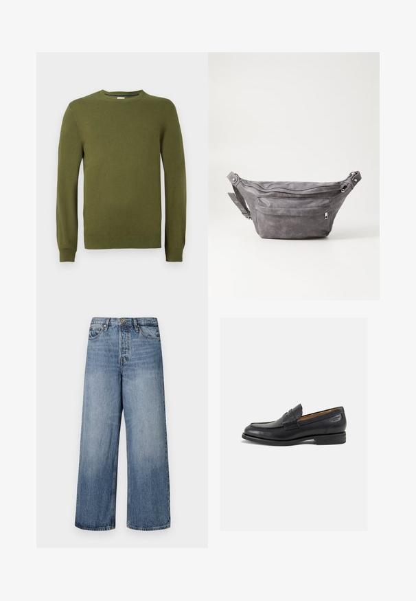 Suéter de punto verde olivo, escote redondo, mangas largas, puños y dobladillo acanalados, textura suave, material ligero, diseño casual.; Jeans de denim azul de pierna ancha con un lavado descolorido, diseño de cinco bolsillos y cierre de botón. Equipados con trabillas y detalles de costura.; Mocasines de cuero negro con un acabado suave, punta redondeada y costuras decorativas en la parte superior. Tacón bajo apilado y un ligero brillo.; Riñonera de ante gris con forma redondeada, dos compartimentos con cremallera y correa ajustable. Presenta acentos de metal.