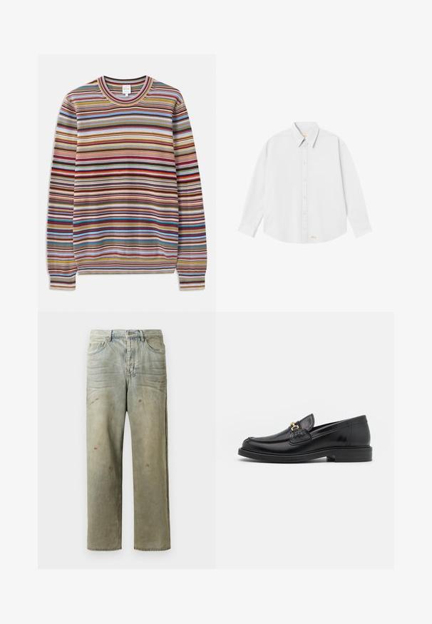 Maglione a righe con scollo rotondo, realizzato in tessuto testurizzato con strisce orizzontali multicolori in rosso, blu, giallo e marrone.; Camicia bianca con colletto classico, maniche lunghe e orlo arrotondato; presenta un piccolo logo arancione sul lato sinistro in basso.; Jeans in denim strappato di colore verde chiaro, con gamba dritta, design a cinque tasche, sbiaditure irregolari e schizzi di vernice.; Mocassini in pelle nera con punta rotonda, dotati di accentuazione in metallo dorato e dettagli di cucitura, posizionati su una suola in gomma testurizzata bassa.