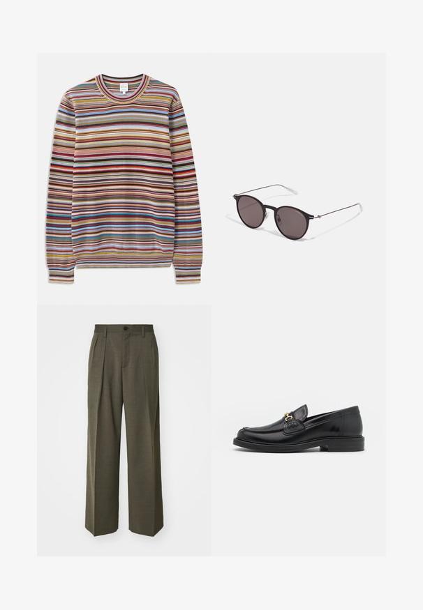 Sweter w paski z okrągłym dekoltem, wykonany z teksturowanej tkaniny w wielokolorowe poziome paski w kolorach czerwonym, niebieskim, żółtym i brązowym.; Czarny bawełniany T-shirt z okrągłym dekoltem, krótkimi rękawami oraz białym logo "EMPORIO ARMANI" nad napisem "Milano" w zakrzywionym kształcie.; Filippa K - Spodnie materiałowe; Czarne skórzane loafersy z zaokrąglonym noskiem, z ozdobnymi złotymi akcentami i detalami szycia, osadzone na niskiej, teksturowanej gumowej podeszwie.; Czarne okrągłe okulary przeciwsłoneczne z ciemnymi soczewkami i smukłymi metalowymi ramkami. Zawierają przezroczyste końcówki zauszników oraz srebrne akcenty przy zawiasie. Minimalistyczny design.