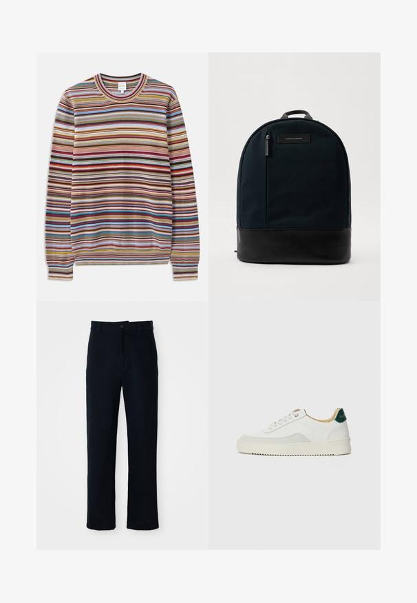 Raitapaita, jossa on pyöreä kaula-aukko, valmistettu tekstuurista kankaasta, jossa on monivärisiä vaakaraitoja punaisena, sinisenä, keltaisena ja ruskeana.; Tummansinisiä puuvillapantaloonia, joissa on suora lahjemuotoilu, etupainikekiinnitys ja klassinen vyötärö vyölenkeillä.; Valkoiset tennarit, joissa on nahkaosia, pyöreä kärki, tasaiset nauhat ja kermaisa kumi-pohja. Takana vihreä brändäys.; Reppu, jossa on tumma vihreä kangasrunko ja musta nahkainen alaosa. Siinä on pääkahva ja edessä vetoketjullinen tasku, jossa on etiketti.