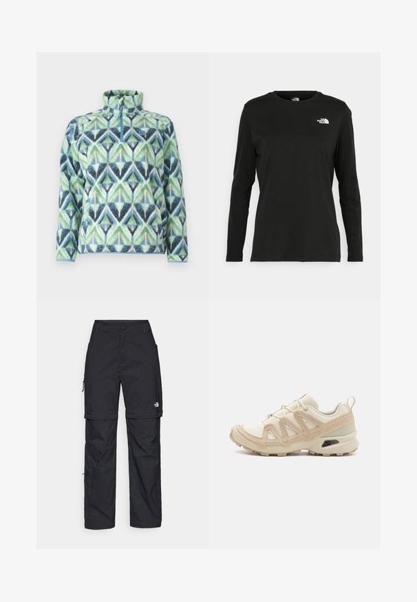 Billabong BOUNDARY MOCK 3 - Fleecetrøjer - blue grey; Sort langærmet t-shirt lavet af bomuld med rund hals. Har et lille hvidt logo på venstre brystområde. Enkel design og pasform.; Sorte nylon cargo bukser med lynlås, justerbare manchetter, flere lommer og et logo på højre ben. Glat, let tekstur.; Beige og creme atletiksko med struktureret mesh-overdel, støttende overlays og gummiyderside med et mønster for trækkraft.