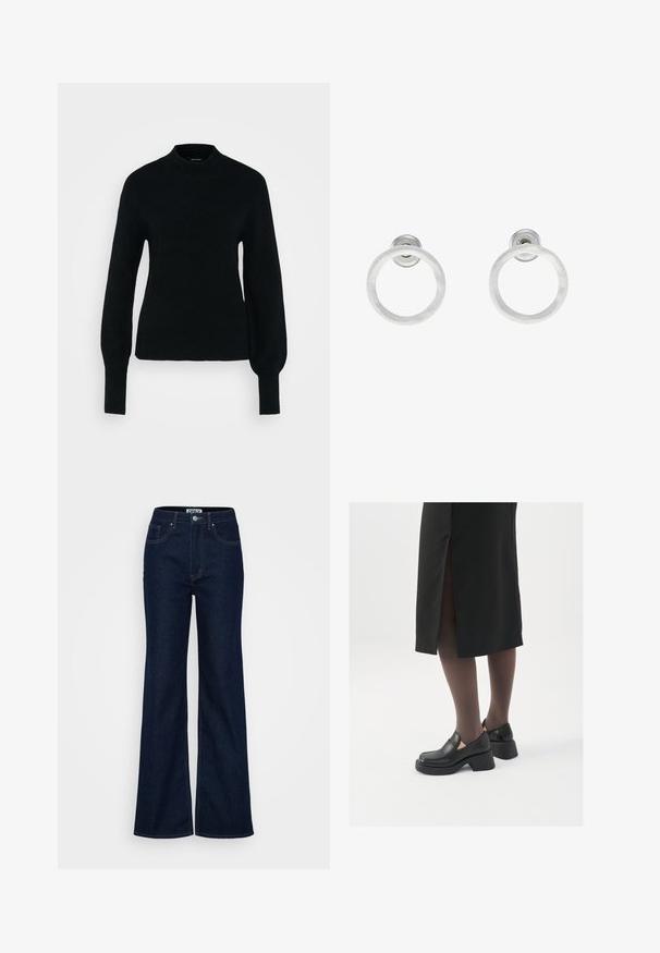 Črni pleteni pulover z visokim ovratnikom, dolgimi napuhnjeni rokavi in oprijetim krojem. Tekstura je mehka in rebrasta, z minimalnimi detajli.; ONLY Tall ONLJUICY WIDE RINSE - Široke hlačnice - dark blue denim; Črne usnjene čevlje s zaobljenim prstom, debelim blokastim petama in elastičnimi stranskimi detajli, v kombinaciji s temno nogavicami in črno krilo z razporkom.; Srebrni kovinski obročasti uhani z brušenjem, s krožno obliko in prozornim zatičem za varno nošenje.