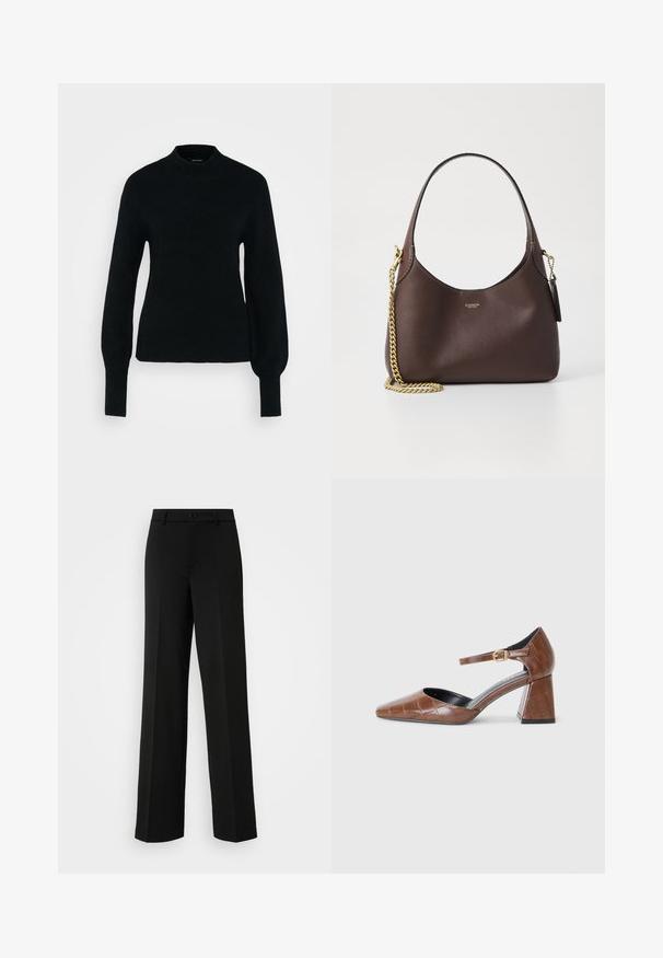 Zwarte gebreide trui met een hoge hals, lange pofmouwen en een getailleerd lichaam. De textuur is zacht en geribbeld, met minimale details.; ONLY Tall ONLPEACH LIFE WIDE - Broek - black; Bruine patenten leren pump met een vierkante neus, textuur met krokodillenpatroon, enkelband met gouden gespsluiting en een chunky hak.; COACH BROOKLYN SHOULDER BAG 23 - Handtas - maple