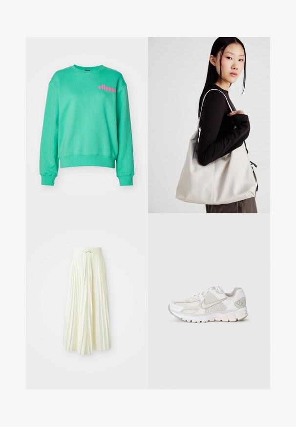 Ellesse HUTTENBERG  - Camisola - green; Saia midi plissada em tecido amarelo claro, com um cós elástico e laço, textura suave e riscas verticais para um detalhe adicional.; Sapatilha atlética branca com materiais em malha e sintéticos. Apresenta um design texturizado, colarinho almofadado e acentos geométricos no calcanhar.; Uma bolsa bege feita de material macio, com um design descontraído, detalhes de costura e duas alças para o ombro. Adequada para uso diário.