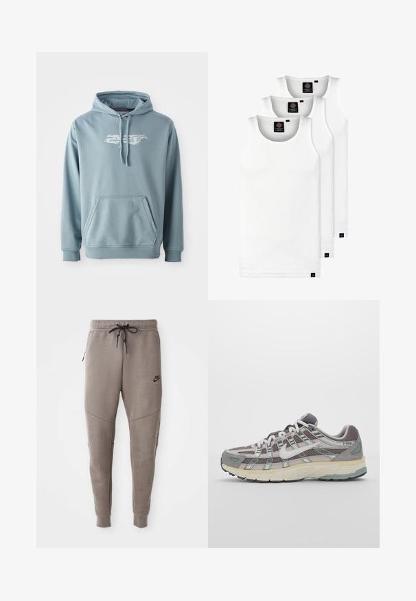 Jasnoniebieska bluza z kapturem wykonana z miękkiej mieszanki bawełny, z przednią kieszenią, regulowanym kapturem oraz białą grafiką logo na piersi.; Trzy białe prążkowane koszulki na ramiączkach wykonane z bawełny. Posiadają okrągły dekolt i małe czarne metki blisko dolnego brzegu. Dostępne w różnych rozmiarach.; Szare dresy Nike z elastycznym pasem ze sznurkowym zapięciem, zwężanymi nogawkami, bocznymi kieszeniami i wyraźnymi detalami szwów. Miękka, teksturowana tkanina.; Szare buty sportowe z siateczkowym i zamszowym wierzchem, białymi akcentami, amortyzowaną podeszwą oraz charakterystycznym designem z elementami odblaskowymi.