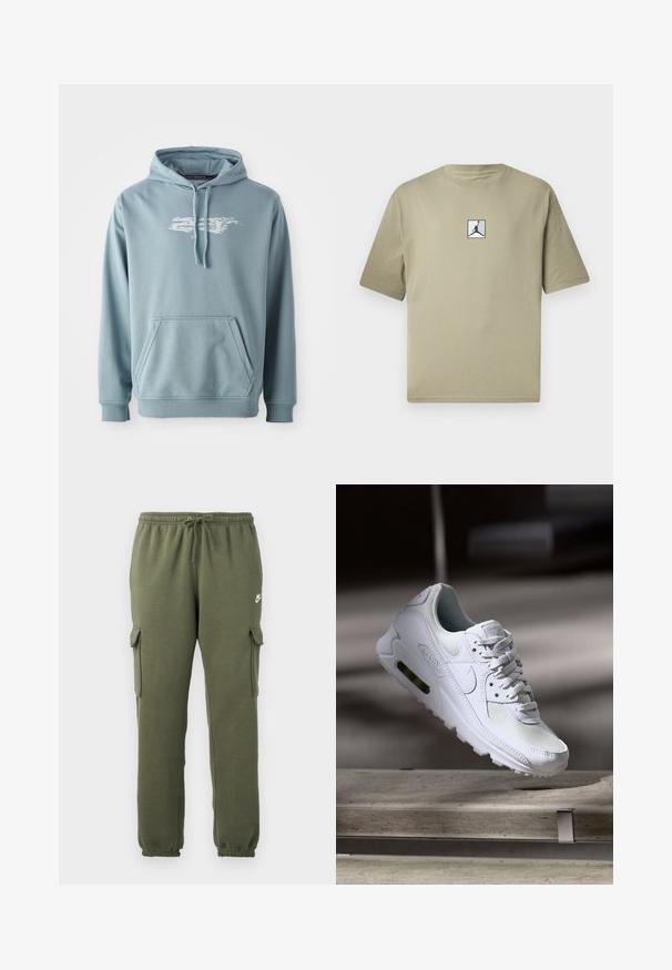 Gaiši zila kapuce izgatavota no mīkstas kokvilnas maisījuma, ar priekšējo kabatu, kapuces auklu un baltu logo grafiku uz krūtīm.; Kakijas kokvilnas t-krekls ar īsām piedurknēm, ar nelielu melnu Jordan logo baltā kvadrātā priekšpusē. Vienkāršs dizains un brīvs griezums.; Olive zaļas kravas bikses ar elastīgu jostasvietu, aukliņas aizdari, sānu kabatām un zīmola logo uz augšstilba. Gluda kokvilnas auduma maisījums.; Baltas Nike Air Max 90 sporta apavi ar sietu un ādas augšdaļu, caurspīdīgu pirksta daļu un redzamu gaisa vienību papēdī.