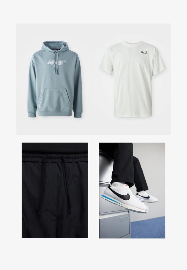 Svetlomodrá mikina z mäkkej zmesi bavlny, ktorá má predné vrecko, kapucňu so šnúrkami a bielu grafiku loga na hrudi.; Biele bavlnené tričko s krátkymi rukávmi, s vyšitým námorníckym logom Nike na ľavej hrudi. Štandardný dizajn s okrúhlym výstrihom.; Čierne šortky s pásom na stiahnutie, z ľahkej látky s hladkou textúrou a jednoduchým dizajnom bez viditeľných log alebo vzorov.; Biele kožené tenisky s čiernym logom Nike, svetlomodrou a šedou gumovou podrážkou a klasickým šnurovacím dizajnom. Nohy položené na fileciante.