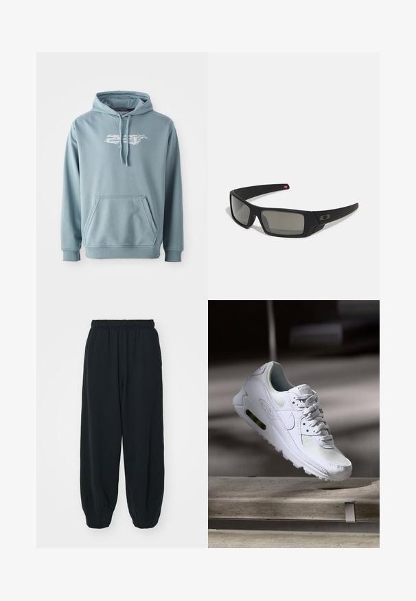 Šviesiai mėlyna džemperis su kapišonu, pagamintas iš minkštos medvilnės mišinio, turintis priekinę kišenę, raištelių kapišoną ir baltą logotipo grafiką krūtinėje.; Juodi, su elastiniu juosmeniu sportiniai kelnės su laisvu siluetu, suapvalintais kulkšnimis, lygia tekstūra ir be matomų raštų ar metalinių akcentų.; Baltos Nike Air Max 90 sportbačiai su.comi ir odos viršumi, perforuota pirštų dėžute ir matomu oro pagalvėle kulne.; Juodi akiniai saulės su matinio paviršiaus užbaigimu, stačiakampiai lęšiai, švelnus lenkimas ant šventyklų, subtilus logotipo detalizavimas ir dūminiai lęšiai.