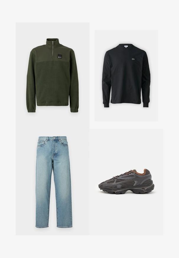 Temnozeleni flis pulover s četrtinskim zadrgo, visokim ovratnikom, elastiko na manšeta in robu, ter majhnim pravokotnim črnim logotipom na prsih.; Črna dolgi rokavi majica iz bombaža, z okroglim ovratnikom in majhnim zelenim vezenim logotipom krokodila na levem prsnem delu.; Svetlo modri jeans z ohlapnim krojem, ravnimi hlačnicami, petimi žepi in gumbom za zapiranje pri pasu. Minimalistični detajli šivanja.; Lacoste teniske v temno sivi barvi z mrežasto in sintetično prevleko, s teksturiranim podplatom in rjavimi detajli na ovratniku ter blagovni znamki.