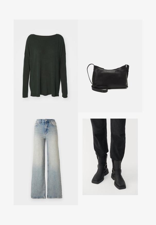 Dark green, oversized sweater with a wide neckline, long sleeves, and ribbed hem. Made from soft, textured fabric. No visible patterns.; Light blue wide-leg jeans made of denim, featuring a high waist, five pockets, and visible stitching along the seams.; Black leather ankle boots with a square toe, featuring a wide strap and metal buckle detail. The boots have a chunky sole and smooth texture.; Black leather shoulder bag with a smooth texture, curved shape, adjustable strap, and a zip closure. Minimalist design without embellishments.