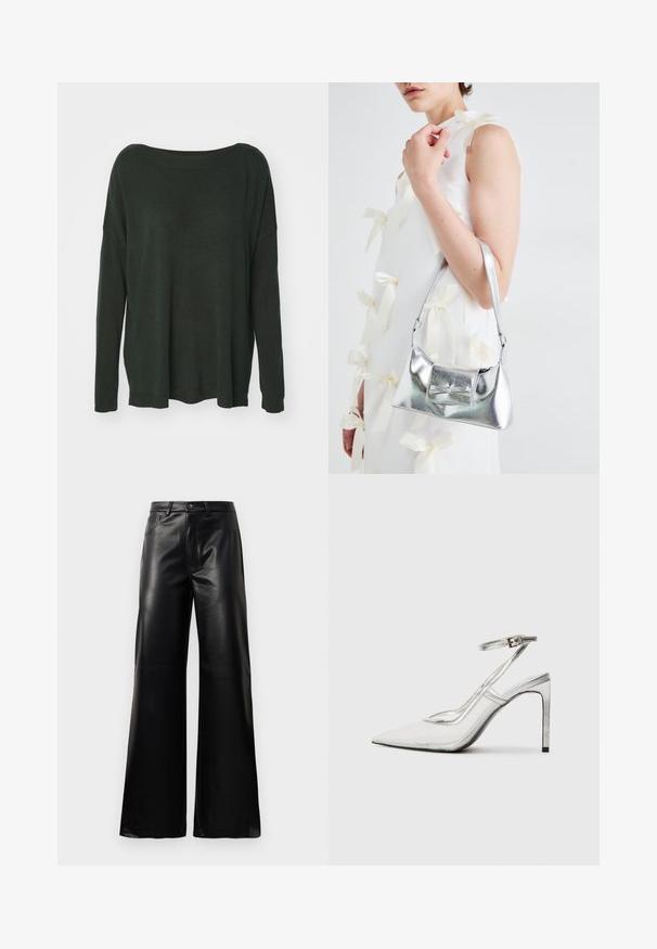 Suéter oversized verde escuro com um decote amplo, mangas longas e bainha canelada. Feito de um tecido macio e texturizado. Sem padrões visíveis.; Calças largas de imitação de couro pretas, de cintura alta, com botão frontal, fecho de correr, passadores de cinto e bolsos laterais sobre fundo branco.; Shoe com salto stiletto claro e bico fino, material transparente, detalhes metálicos prateados e tira ajustável no tornozelo.; Bolsa metálica prateada com uma forma estruturada, apresentando uma alça superior e um detalhe de laço na frente. Textura suave, acabamento reflexivo.