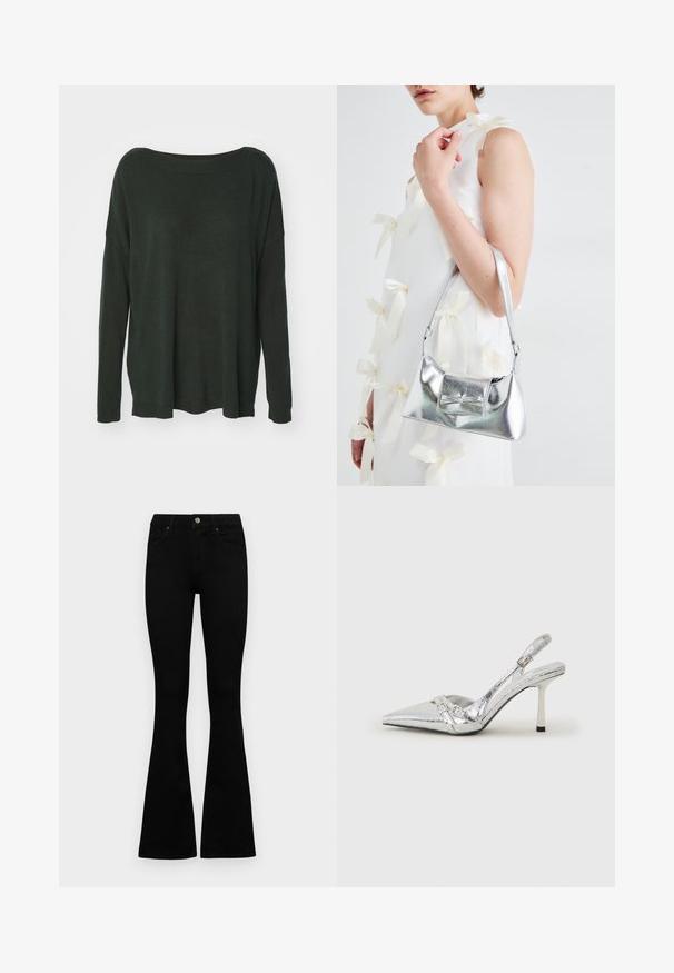 Tumši zaļš, pārāk liels džemperis ar platu kakla izgriezumu, garām piedurknēm un ribota apakšmala. Izgatavots no mīksta, strukturēta auduma. Nav redzamu rakstu.; Melni augsta jostas šorti ar pogu un rāvējslēdzēju, priekšējām kabatām un izplestām kājām, nolikti uz balta fona.; Sudraba slingback augstpapēžu kurpe ar norādītu purngalu, metālisku apdari, diviem dekoratīviem siksniņām un plānu papēdi ar melnu galu.; Sudraba metāla rokassoma ar struktūru formu, aprīkota ar augšējo rokturi un priekšpusē esošu loku. Gluda tekstūra, atstarojoša virsma.