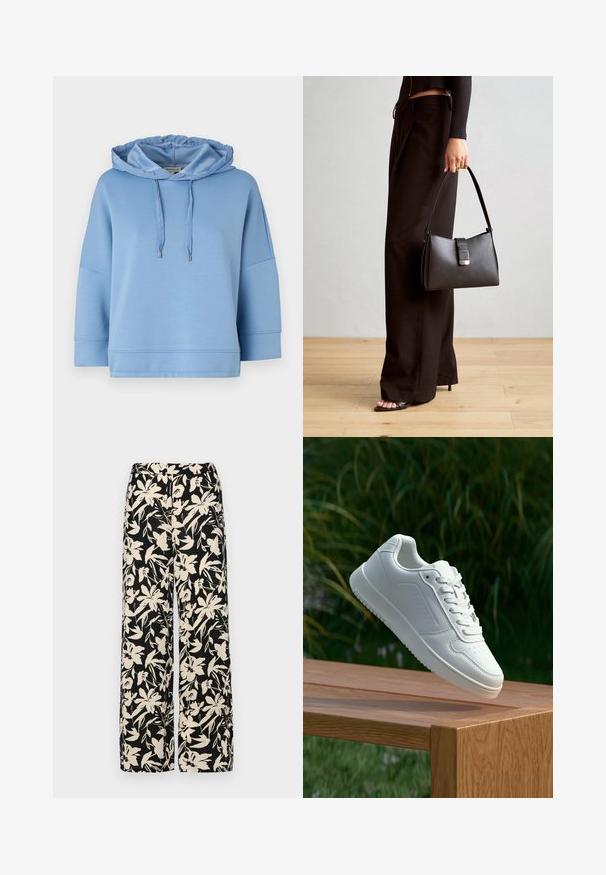 Vaaleansininen huppari, jossa on säädettävä huppu, väljä malli, lyhyet hihat ja sileä, pehmeä rakenne. Sisältää minimaalista ommelta ja hopeisia yksityiskohtia.; Mustat leveälahkeiset housut, joissa on kermaisen värinen kukkakuosi. Valmistettu kevyestä kankaasta, jossa on sileä pinta ja korkea vyötärö.; Valkoiset tennarit, joissa on sileä synteettinen päällinen, rei'itetty varvasosa, litteät nauhat ja teksturoitu pohja, esillä puupinnalla.; Musta käsilaukku, jossa on rakenteellinen muoto, sileä pinta ja metallinen solki. Yhdistetty leveisiin mustiin housuihin ja avonaiheisiin sandaaleihin puulattialla.