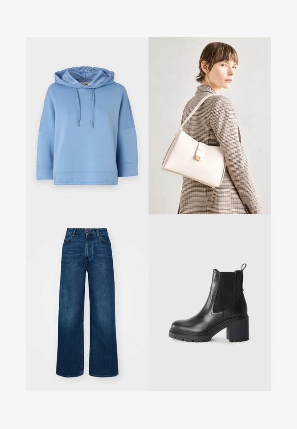 Helesin sinine kapuutsiga pusa, puhvudega, lühikeste varrukatega ja siledast, pehmest materjalist. Omab minimaalset õmblemist ja hõbedasi aktsente.; Kõrge vöökohaga laiad teksad tummises sinises denimis, millel on sile tekstuur, kontrastne õmblus ja viie-tasku disain. Esimene nupulukk.; Must musta külgniidi ja tõmbehaaratsi ning tekstuurses tallas lisatoe jaoks. Karm kõrgendatud konts.; Valge nahast käekott struktureeritud disainiga, millel on magnetlukk ja õlavarre rihm, esitletud neutraalse tausta ees.