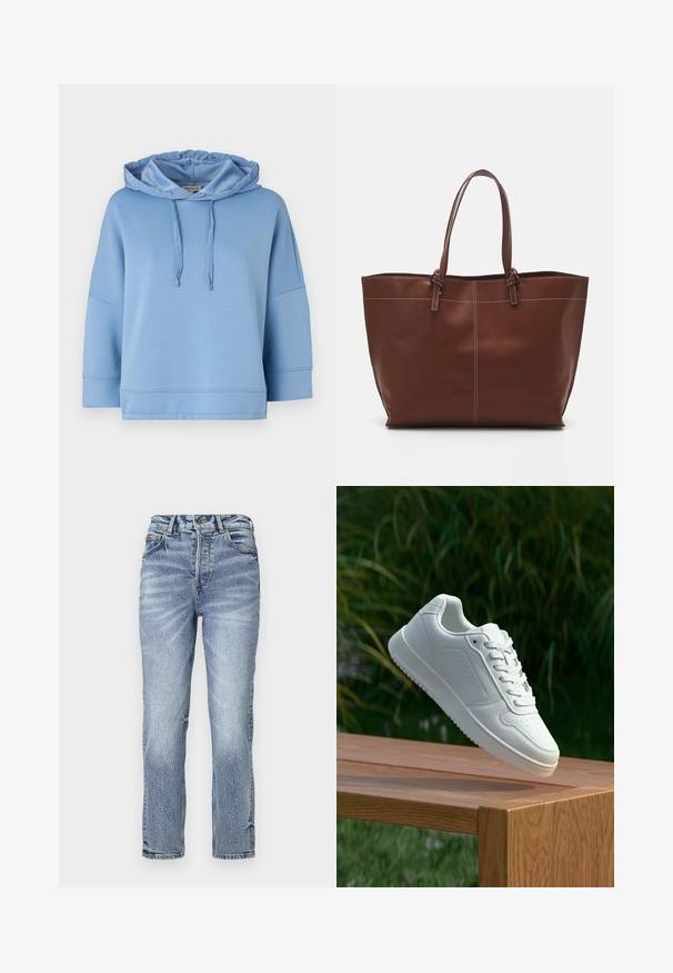 Vaaleansininen huppari, jossa on säädettävä huppu, väljä malli, lyhyet hihat ja sileä, pehmeä rakenne. Sisältää minimaalista ommelta ja hopeisia yksityiskohtia.; Vaaleansiniset farkut suoralla istuvuudella, korkea vyötärö, haalistunut pinta ja viisi taskua. Varustettu metallinapeilla ja vetoketjulla.; Valkoiset tennarit, joissa on sileä synteettinen päällinen, rei'itetty varvasosa, litteät nauhat ja teksturoitu pohja, esillä puupinnalla.; Ruskea nahkainen olkitasku, jossa on kaksinkertaiset kahvat, erottuva ommel ja tilava muotoilu, sopii jokapäiväiseen käyttöön.