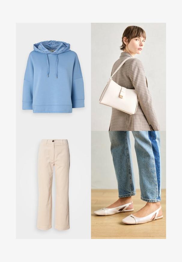 Világoskék kapucnis felöltő, húzózsinórral, laza szabással, rövid ujjakkal és sima, puha textúrával. Minimális varrás és ezüst díszítések jellemzik.; Beige kordbársonyi nadrág egyenes lábakkal, elöl gombos záródással és oldalsó zsebekkel, fehér háttér előtt.; Világos rózsaszín slingback laposlábú cipők, hegyes orral, sima bőrhatású anyagból készült. Oldalt kivágott részletek találhatók rajta, valamint lapos sarkú.; Fehér bőr táska strukturált dizájnnal, mágneses záródással és vállpánttal, semleges háttér előtt bemutatva.