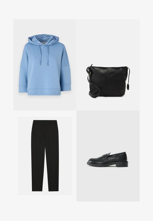Svetlo modra kapuca z vrvico za zategovanje, ohlapen kroj, kratki rokavi in gladka, mehka tekstura. Ima minimalne šive in srebrne detajle.; Črne hlače z oblikovanim krojem, ki imajo stranske žepke in ravno nogavico. Narejene so iz gladkega, lahkotnega materiala z elegantnim zaključkom.; Črne usnjene loafer čevlje z zaobljenim nosom, šivanim detajlom in majhnim peto. Gladka tekstura in fleksibilen gumijast podplat.; Črna usnjena torbica čez telo s ravno obliko, z zlatimi kovinskimi dodatki in nastavljivim trakom. Gladka tekstura z minimalnimi šivi.