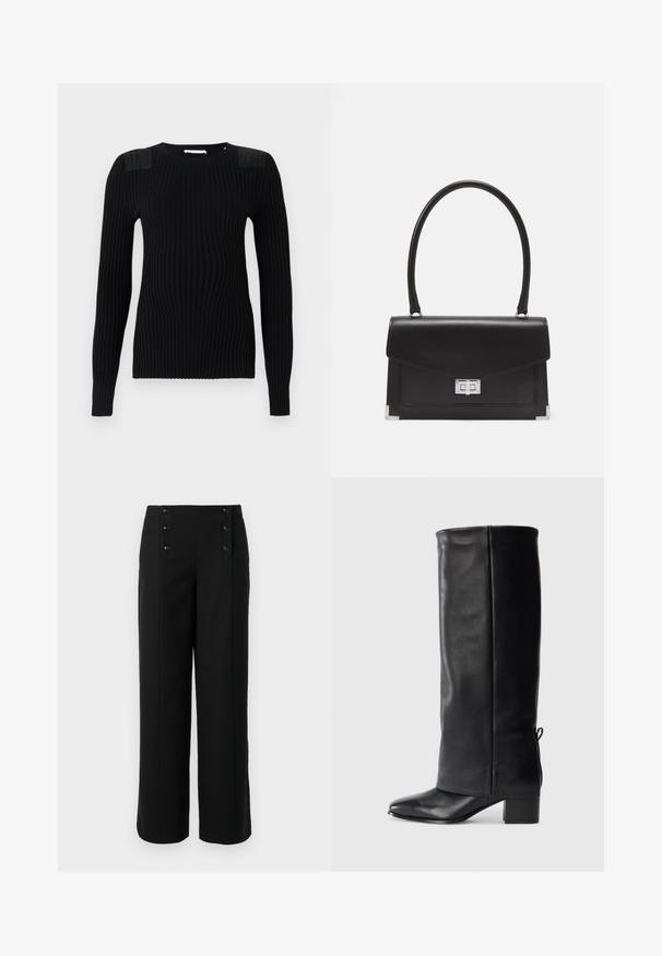Černý žebrovaný pletený svetr s dlouhými rukávy, s texturovanými ramenními panely a kulatým výstřihem. Hladký povrch a přiléhavý střih.; Černé široké kalhoty vyrobené z hladkého materiálu, s vysokým pasem a pěti předními knoflíky pro zapínání. Elegantní, střihová konstrukce.; Černé kožené vysoké boty po kolena s hladkým povrchem, čtveratou špičkou, blokovým podpatkem a bočním vázáním pro nastavitelnou velikost.; Černá kožená kabelka se strukturovaným designem, horním uchopěním a stříbrným zapínáním. Obsahuje rohové akcenty a hladký povrch.