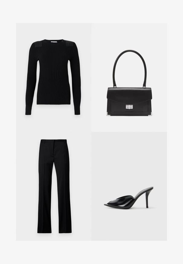 Juodas raštuotas megztinis su ilgomis rankovėmis, puikuojantis tekstūrinėmis pečių dalimis ir apvalia iškirpte. Lygus paviršius ir prigludusi siluetas.; Juodi tiesūs kelnės iš lygios medžiagos, su lygiu priekiu, dirželių kilpelėmis ir be matomų kišenių ar puošybos elementų.; Juodos odinės aukštakulnės mules su atvira pirštine, smailiu dizainu, lygiu paviršiumi ir plonu stiletto kulnu.; Juodas odinis rankinės modelis su struktūrizuota forma, viršutine rankena ir sidabriniu užsegimu. Pabrėžia kampų akcentus ir lygų paviršių.