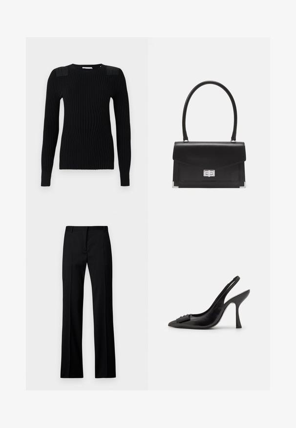 Black ribbed knit sweater with long sleeves, featuring textured shoulder panels and a round neckline. Smooth finish and fitted silhouette.; Black straight-leg trousers in smooth fabric, featuring a flat front, belt loops, and no visible pockets or embellishments.; Black leather slingback shoe with a pointed toe, slim high heel, and a decorative bow accent. Smooth texture and sleek design.; Black leather handbag with a structured design, a top handle, and a silver clasp. Features corner accents and smooth texture.