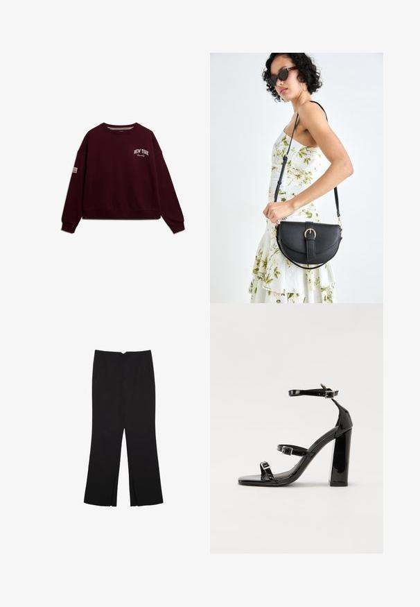 Felpa bordeaux con collo rotondo, spalle scese e polsini a costine. Presenta "NEW YORK" e "Squady" ricamati in bianco.; Pantaloni neri a gamba dritta, con tasche frontali e spacchi laterali all'orlo. Realizzati in tessuto morbido e liscio. Adatti a diverse occasioni.; Sandali con tacco in vernice nera, con punta squadrata, cinturini alla caviglia e fibbie in argento. Presentano un tacco a blocco spesso per maggiore stabilità.; Borsa a tracolla nera in pelle con una forma curva, manico rimovibile e accessori dorati. La borsa presenta una patta con un dettaglio a fibbia.