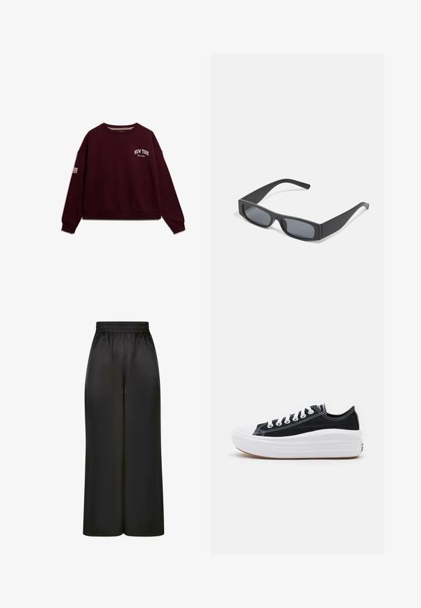 Bordeaux sweatshirt met ronde hals, verlaagde schouders en ribgebreide manchetten. Heeft "NEW YORK" en "Squady" geborduurd in het wit.; Zwarte wijde broek gemaakt van soepel, glanzend materiaal met een elastische tailleband en zonder zichtbare zakken of hardware-details.; Zwarte canvas sneakers met witte veters, een witte rubberen teenkap en een chunky witte tussenzool. Bevat subtiele witte stiksels en een gumzool.; Zwarte rechthoekige zonnebril met donkere lenzen en dikke matte monturen. De zijstukken zijn licht taps toelopend met een gladde textuur.