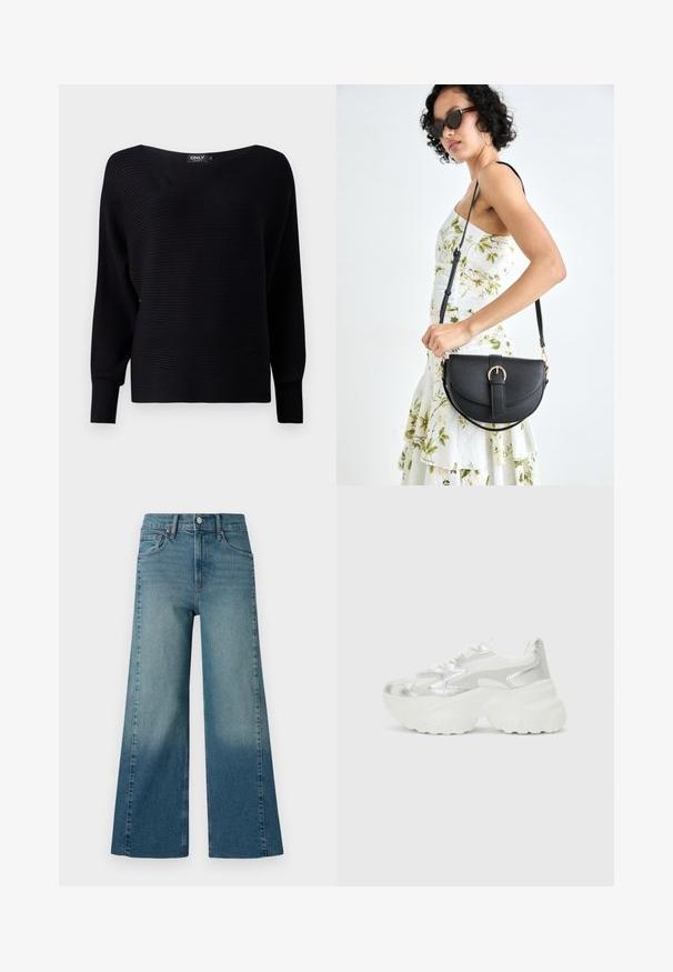 Zwarte geribbelde gebreide trui met een brede halslijn, lange mouwen en een losse pasvorm. Het heeft een gestructureerde stof en een minimalistisch ontwerp.; Brede pijpen jeans in een middelmatige blauwe wassing, met een gradient effect van donker naar licht. Gemaakt van denim met een traditionele vijf-pocketstijl.; Zilveren sneaker met een gestructureerde mesh bovenkant en iriserende accenten, voorzien van een chunky witte zool en vetersluiting.; Zwarte leren handtas met een gebogen vorm, afneembare schouderband en gouden hardware. De tas heeft een klep met een gespsluiting.