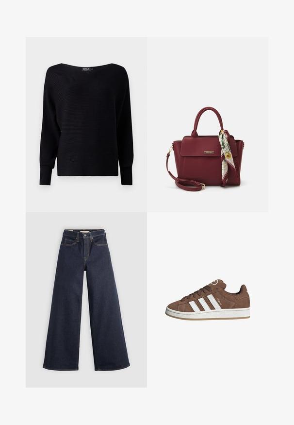 Zwarte geribbelde gebreide trui met een brede halslijn, lange mouwen en een losse pasvorm. Het heeft een gestructureerde stof en een minimalistisch ontwerp.; Wijde denim jeans in donkerblauw met contrasterende stiksels. Bevat een traditionele vijf-pocketontwerp en een knoopsluiting in de taille.; Bruine suède sneaker met witte leren strepen, rubberen zool, ronde neus en vetersluiting. Kenmerkt zich door een logo op de tong en geperforeerde accenten.; Bordeaux handtas van synthetisch materiaal met een gestructureerd ontwerp, voorzien van een afneembare schouderband en een met bloemenpatroon versierde sjaal die aan het handvat is geknoopt.