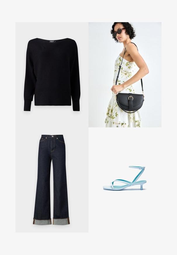 Zwarte geribbelde gebreide trui met een brede halslijn, lange mouwen en een losse pasvorm. Het heeft een gestructureerde stof en een minimalistisch ontwerp.; Vero Moda VMTESSA WIDE FOLD UP - Wide leg - dark blue denim; Lichtblauwe sandaal met bandjes, vierkante teen, lage hak, verstelbare enkelband en een gladde, glanzende afwerking. Kruisende bandjes op de voetbed.; Zwarte leren handtas met een gebogen vorm, afneembare schouderband en gouden hardware. De tas heeft een klep met een gespsluiting.