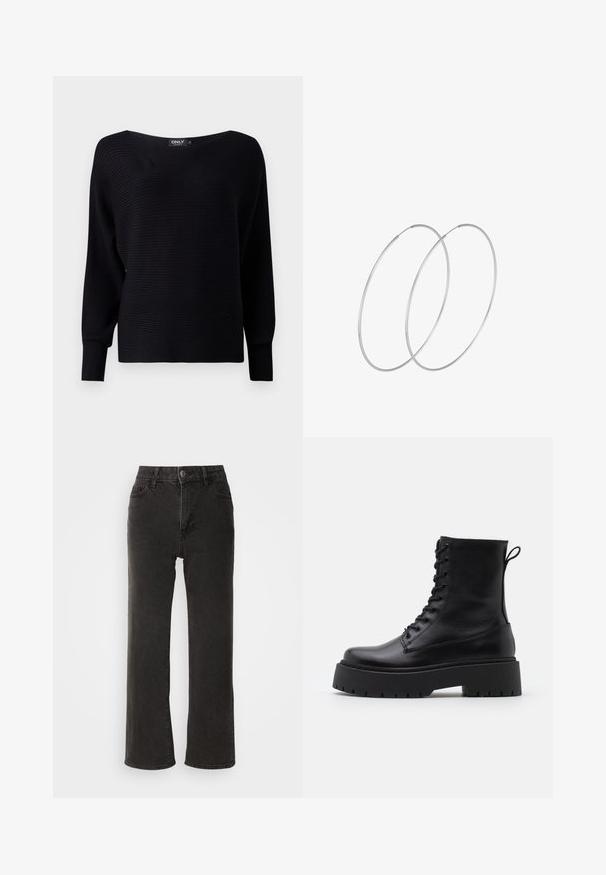 Černý žebrovaný pletený svetr s širokým výstřihem, dlouhými rukávy a volným střihem, který se vyznačuje texturovaným materiálem a minimalistickým designem.; Černé džínové kalhoty s širokými nohavicemi, s předním zapínáním na knoflík, poutky na opasek a pěti kapsami, s mírně vybledlou texturou.; Černé kožené kotníkové boty s kulatou špičkou, šněrováním na přední straně a silnou gumovou podešví s texturovaným vzorkem. S poutkem vzadu.; Stříbrné kruhové náušnice s minimalistickým designem. Kruh, hladký povrch a tenký profil. Lehká konstrukce s lesklým povrchem.