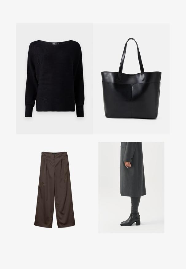 Sweater preto de malha canelada com decote amplo, mangas longas e corte solto, apresentando um tecido texturizado e design minimalista.; Calças largas de tecido castanho escuro com uma textura suave. As características incluem pregas na frente e um cós padrão.; Casaco cinza, ajustado, com corte reto; combinado com botas de couro pretas até ao joelho, com biqueira quadrada e salto grosso.; Bolsa tote preta em couro com duas alças longas, textura suave e forma estruturada. Apresenta um bolso frontal para armazenamento adicional.