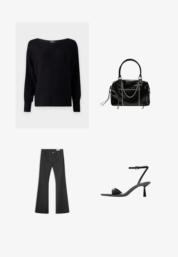 Svart ribbad stickad tröja med bred halsringning, långa ärmar och lös passform, med texturerad tyg och minimalistisk design.; Svarta utsvängda jeans i denim med en jämn textur, med två bakfickor och knäppning vid midjan.; Bershka Sandaletter - black; Bershka WITH CHAIN - Handväska - black