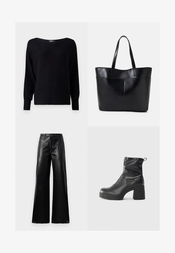 Melnā ribota adīta džemperis ar plašu kakla izgriezumu, garām piedurknēm un brīvu piegriezumu, ar teksturētu audumu un minimālistisku dizainu.; Melnas augstās jostas platajās kājās sintētiskās ādas bikses ar priekšējo pogu, rāvējslēdzēju, jostas cilpām un sānu kabatām uz baltā fona.; Melni potītes zābaki, kas izgatavoti no gludas ādas, ar sānu rāvējslēdzēju, masīvu strukturētu papēdi un noapaļotu purngalu.; Melnas ādas iepirkumu soma ar divām garām rokturām, gludu tekstūru un strukturētu formu. Iekļauj priekšējo kabatu papildu uzglabāšanai.