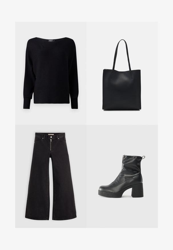 Musta ribbed neulepaita, jossa on leveä kaula-aukko, pitkät hihat ja löysä istuvuus, jossa on tekstuurinen kangas ja minimalistinen muotoilu.; Mustat leveälahkeiset farkut, joissa on vetoketjufrunti, viisi-taskuinen muotoilu ja hienovaraiset ompelusyyt. Sileä pinta ja rento tyyli.; Mustat nilkkurit, jotka on valmistettu sileästä nahasta. Niissä on sivuvetoketju, paksu teksturoitu korko ja pyöristetty kärki.; Mustapahkainen kangaskassi, jossa on sileä pinta, suorakaiteen muotoinen ja kaksi pitkää kahvaa. Ei näkyvää metalliosaa tai koristeita.