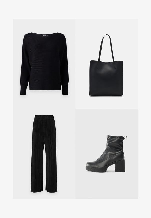 Svart ribbestrikket genser med vid hals, lange ermer og løs passform, med teksturert stoff og minimalistisk design.; Sorte plisserte bukser med elastisk midje. Har vide ben og et glatt, strukturert stoff med vertikale striper.; Svarte ankelstøvler laget av glatt lær, med glidelås på siden, chunky strukturert hæl, og rund tå-design.; Svart lær tote bag med glatt tekstur, rektangulær form og to lange håndtak. Ingen synlige deler eller dekorasjoner.