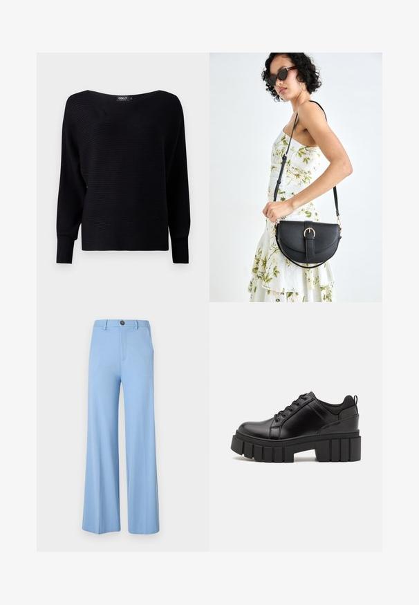 Črna rebrasta pletena pulover s širokim izrezom, dolgimi rokavi in ohlapnim krojem, ki ima teksturirano tkanino in minimalističen dizajn.; Svetlo modre hlače širokega kroja, izdelane iz gladkega blaga, z gumbom za zapiranje in sprednjimi žepi. Čist, krojen dizajn brez vzorcev.; Črne usnjene platforme z debelim blokastim petam, okroglo konico in klasičnim vezanjem. Imajo gladko teksturo in minimalne podrobnosti.; Črna usnjena torbica s ukrivljeno obliko, z odstranljivo naramnico in zlatimi dodatki. Torbica ima pokrov s podrobnostmi v obliki zaponke.