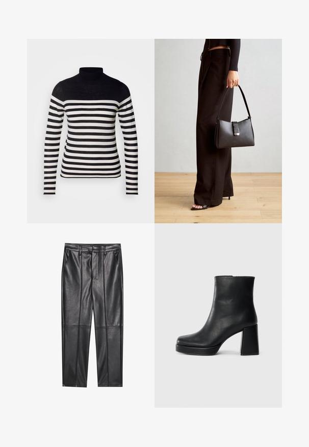 Zwart-wit gestreepte coltrui met lange mouwen. Bevat een geheel zwarte bovenkant en horizontale strepen over het lichaam.; Zwarte leren broeken met een gladde textuur, voorzien van een rechte pasvorm, twee voorzakken en zichtbare naaddetail.; Zwarte leren enkelboot met een blokhak en platformzool, zijaanzicht op een effen witte achtergrond.; Zwarte handtas met gestructureerde vorm, gladde textuur en een metalen sluiting. Gecombineerd met brede zwarte broeken en sandalen met open teen op een houten vloer.