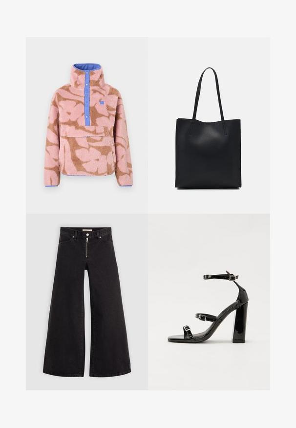 Fleece sweater with a floral pattern in pink and brown, featuring a high collar, blue button closure, and a front pocket.; Wide-leg jeans in black denim with a zippered front, five-pocket design, and subtle stitching details. Smooth texture and casual style.; Black patent heeled sandals with a square toe, ankle straps, and silver buckles. Features a chunky block heel for stability.; Black leather tote bag with smooth texture, rectangular shape, and two long handles. No visible hardware or embellishments.