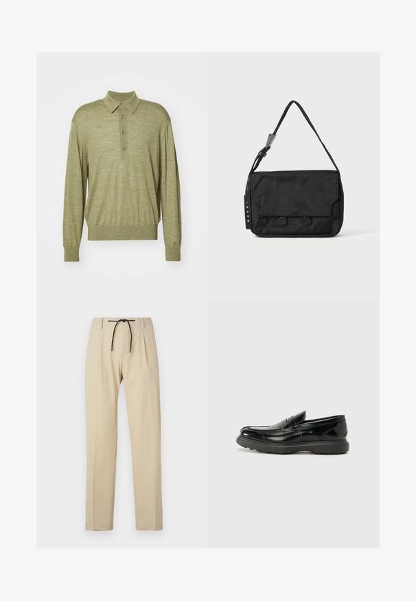 Long-sleeve polo shirt in muted olive green, made of soft fabric. Features a classic collar and three-button placket. Ribbed hem and cuffs.; Beige trousers with a straight fit, featuring a drawstring waist, pleated front, and smooth texture. Simple, versatile design.; Black leather loafer with a glossy finish, rounded toe, subtle stitching details, and a thick rubber sole for durability.; Black nylon shoulder bag with a flat shape, featuring a flap closure, two circular buttons, and a woven strap. Brand tag visible.